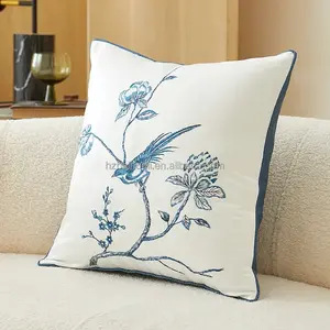 Bird Embroidery Decor Removable Soft Comfortable Faux Silk Square Seat Throw Pillow Cover For Bedroom Car