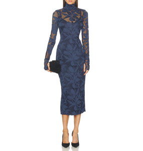 Custom Bodycon <strong>Midi</strong> <strong>Dress</strong> Long Sleeve Burnout Sexy High Neck Lace Slim Translucent Solid Empire Waist Trendy New - Product Image 1
