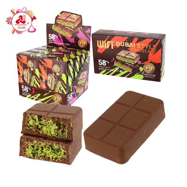 Dubai Style Choco 58% Kataifi Chocolate with Crispy Knafeh Noodle Crushed Pistachios Filling