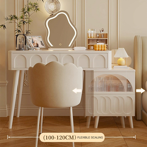 Toeletta in Legno Stile Crema con Specchio Illuminato, Moderna Minimalista, Novità 2025, Scrivania per Ragazze per Piccoli Spazi, Tavolo Trucco con Contenitore - Product Image 4