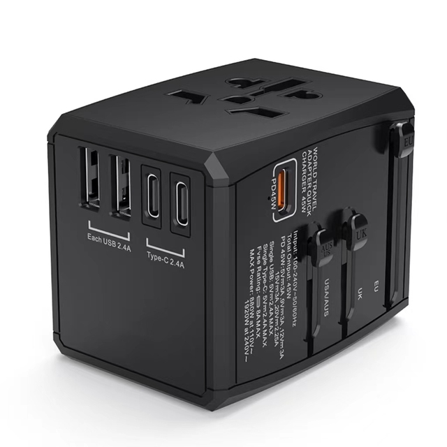 International Power Adapter 65W GaN 3 USB-C 2 USB-A 8 Outlets Plug with Socket Worldwide Travel