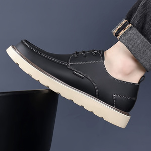 Chaussures décontractées en cuir pour hommes, noires, à talon bas, antidérapantes, à semelle épaisse, pour le travail en extérieur, tendance mode, grandes tailles 46 47 - Product Image 1