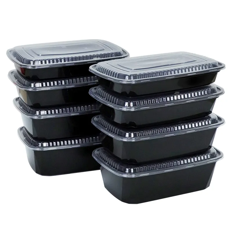 Borui 24Oz 32Oz 42Oz 52Oz Black Rectangle Disposable Plastic Microwavable Meal Prep Food Boxes and Containers With Lid