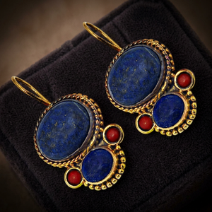 Boucles d'oreilles pendantes vintage Art Palace en lapis-lazuli et pierres rouges, argent 925, pierre naturelle, plaqué or antique, pour femme, bijoux de fête - Product Image 1