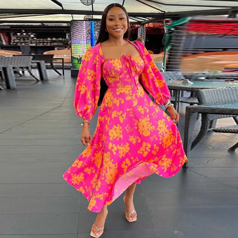 Yingchao 2024 Drop Shipping Fashion African Woman V- neck Printed Long Dress With Bohemian Long Sleeve