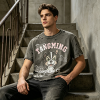 T-shirt court vintage déchiré à manches courtes pour homme, motif chien de dessin animé, bords effilochés, coupe décontractée, marque de mode urbaine personnalisée