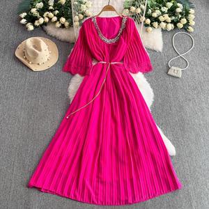 Vestido de Noche de Lujo con Pedrería y Cuello en V para Mujer, <span class=keywords><strong>Maxi</strong></span> de Encaje con Falda Acampanada y Lazo en la Cintura para Eventos Formales - Product Image 3
