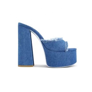 Custom Logo Colors High Chunky <b>Heels</b> Women Thick <b>Platform</b> Denim Outdoor Sandals Breathable Summer on Slippers - Product Image 6
