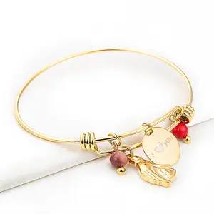 Wholesale Gold Plated Stainless Steel Custom Personalized Charm Expandable Adjustable Wire Bangle