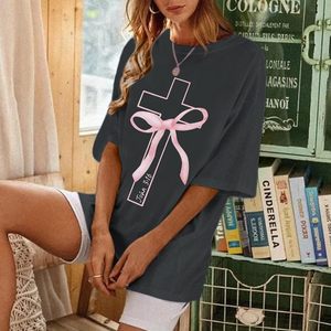 FOXA Christian Cross T-Shirt Women Oversized Pink Bow Graphic <b>Tees</b> John 316 Faith Top Long Length Jersey Cotton - Product Image 4