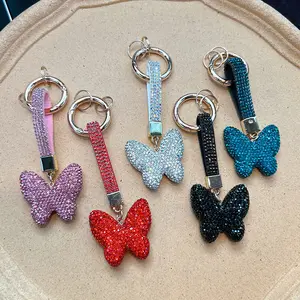 Vrouwelijke Stijlvolle Draagbare Volledig Strass Lederen Strass Lanyard Tas Bedels Hanger Auto Sleutelhanger Crystal Butterfly Sleutelhanger