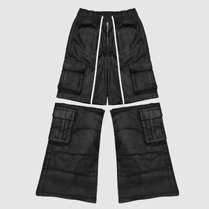 <span class=keywords><strong>Pantaloncini</strong></span> Streetwear Oversize a Gamba Larga in Pelle PU Nera di Lusso con Vita Alta Elastica Regolabile e Tasche Cargo - Product Image 6