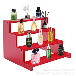 Red 4 Tier Wooden Cosmetic Storage Rack <b>Desktop</b> Makeup Organizer <b>Shelf</b> - Product Image 2