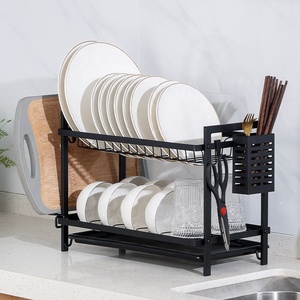 رف تخزين بالمطبخ رف مزدوج الطبقة رف للأطباق مصنوع من الصلب الكربوني رف لتجفيف الأطباق واستجابة المياه - Product Image 6