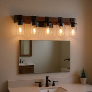 Lámpara de Baño Rústica Moderna Estilo Granja, Aplique de Pared de 6 Luces, Pantallas de Vidrio y Madera Industrial, Luz Blanca Cálida 2700K - Product Image 2