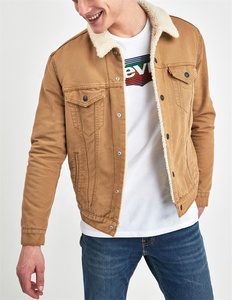 OEM Khaki Stocklot Colored <strong>Denim</strong> <strong>Sherpa</strong> Trucker <strong>Jackets</strong> for Men - Product Image 4
