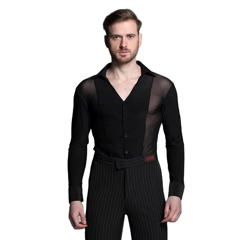 Black Ballroom Dance Shirt Mens Latin Shirt MenのBallroom Latin Dance Costumes Dance Top Male Ballroom Dancewear