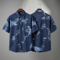 Camisa de Manga Corta con Estampado Floral Artístico para Hombre, Pantalones Cortos de Mezclilla Transpirables, Estilo Urbano, Jacquard, Patrón Monocromático en Blanco y Negro