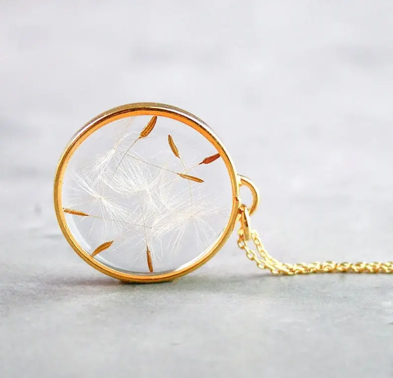 Gold resin with initial letters make a wish necklace dandelion seed pendant necklace