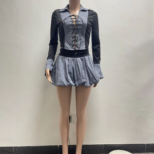 Viviblook Z1023ST07 Sexy traje de moda conjunto de mujer con cordones recortados Tops Puffy Culottes falda con pantalones traje de dos piezas - Product Image 2