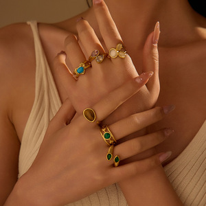 18K Gold Plated Stainless Steel <b>Cat</b> Eye Open <b>Ring</b> Natural Stone Claw Set Adjustable Women Jewelry for Party Gift - Product Image 2