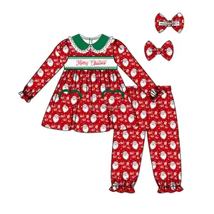 Smocked Children Clothing Christmas Santa Embroidery Kids Girls Cotton Pajamas Baby Winter Wear