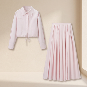 Conjunto de Dos Piezas para Mujer, Otoño 2025, Estilo Casual, Camisa de Manga Larga con Cuello y Cordones + Falda Midi Retro - Product Image 4
