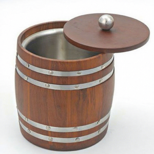 Seau à glace à double paroi en acier inoxydable avec pince à glace, seau à glace en bois avec doublure en acier inoxydable, seau à boissons rond isolé - Product Image 1