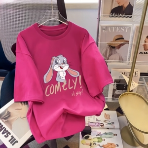 T-shirt en coton <span class=keywords><strong>pour</strong></span> <span class=keywords><strong>femme</strong></span>, coupe ample, décontracté, imprimé dessin animé mignon, col rond, grande taille, manches courtes, été - Product Image 2