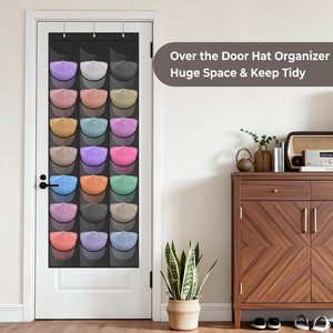 Organisateur de chapeaux à suspendre sur la porte, 24 poches, support de rangement transparent pour casquettes de baseball, fixation murale avec 3 crochets, noir - Product Image 2