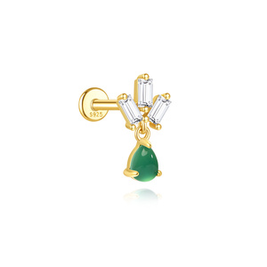 Gold S925 Silver Flat Back Piercing <b>Stud</b> with Natural Green Chalcedony Drop and Tassel Cartilage <b>Helix</b> Jewelry - Product Image 5