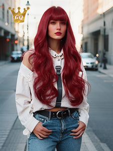 Parrucche ondulate naturali rosse da 26 pollici con frangetta stile natale <span class=keywords><strong>parrucca</strong></span> sintetica parrucche da <span class=keywords><strong>donna</strong></span> per feste quotidiane o uso Cosplay - Product Image 2
