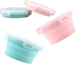 4 buah wadah penyimpanan makanan lipat kotak makan siang silikon Bento anak-anak