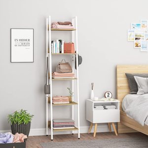 Estante de Almacenamiento de 5 Niveles con 4 Ganchos, Librería de Estilo Industrial para Cocina, Hecho de MDF y Metal, Estante de <span class=keywords><strong>Escalera</strong></span> Estrecho, Blanco - Product Image 4
