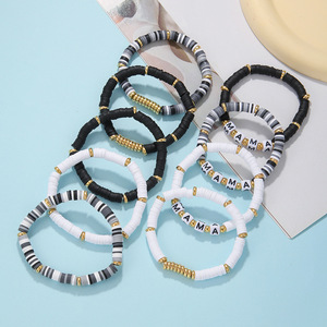 Polymer Clay Beaded <b>Bracelet</b> Set Black <b>White</b> Gold Mama Letter Elastic Stackable Women Gift Jewelry Spring 2025 - Product Image 4