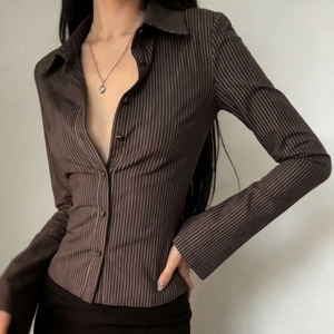 Blusa de Oficina Vintage para Mujer, Estilo Retro, a Rayas Marrones, con Botones, Cuello Solapa, Corte Entallado, Manga Larga, Ecológica, Transpirable, para Verano - Product Image 4