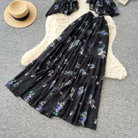 Ensemble élégant 2 pièces pour femme : haut court floral à volants et épaules dénudées, jupe longue à volants taille haute, idéal pour les vacances d'été