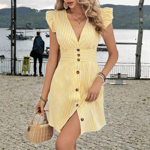 Robe midi d'été 2026 pour femme en mousseline lavable, taille naturelle, élégante, à rayures, boutonnée, col en V profond, sans bretelles, décontractée, courte - Product Image 1