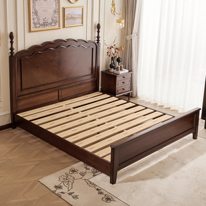High-End Retro Solid Wood Bed French Vintage Style Double Size Cherry Color Hand Carved <b>Poster</b> Bed - Product Image 3