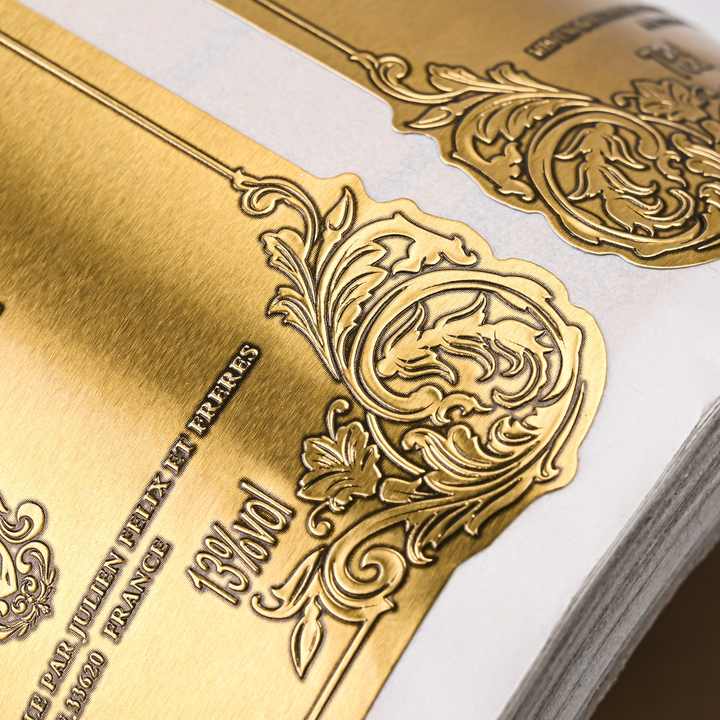 Custom HighEnd Gold Aluminum Foil Paper Metal Labels Wine Alcohol
