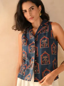 Camisa étnica con cuello de muesca de gracia Camisa sin mangas con cuello de muesca estampado Handblock de moda con tapeta frontal Hecho en algodón 100% - Product Image 2