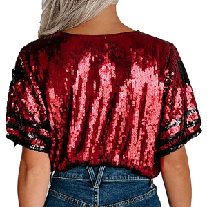 Haut en jersey à paillettes brillantes personnalisé pour jeunes filles, crop top court avec manches bouffantes rayées scintillantes, t-shirt de cheerleader - Product Image 3