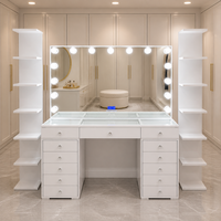 Ensemble de coiffeuse avec miroir éclairé à cadre lumineux, boutons en cristal, plateau en verre, tiroirs de rangement, prix usine personnalisé, pour maquillage