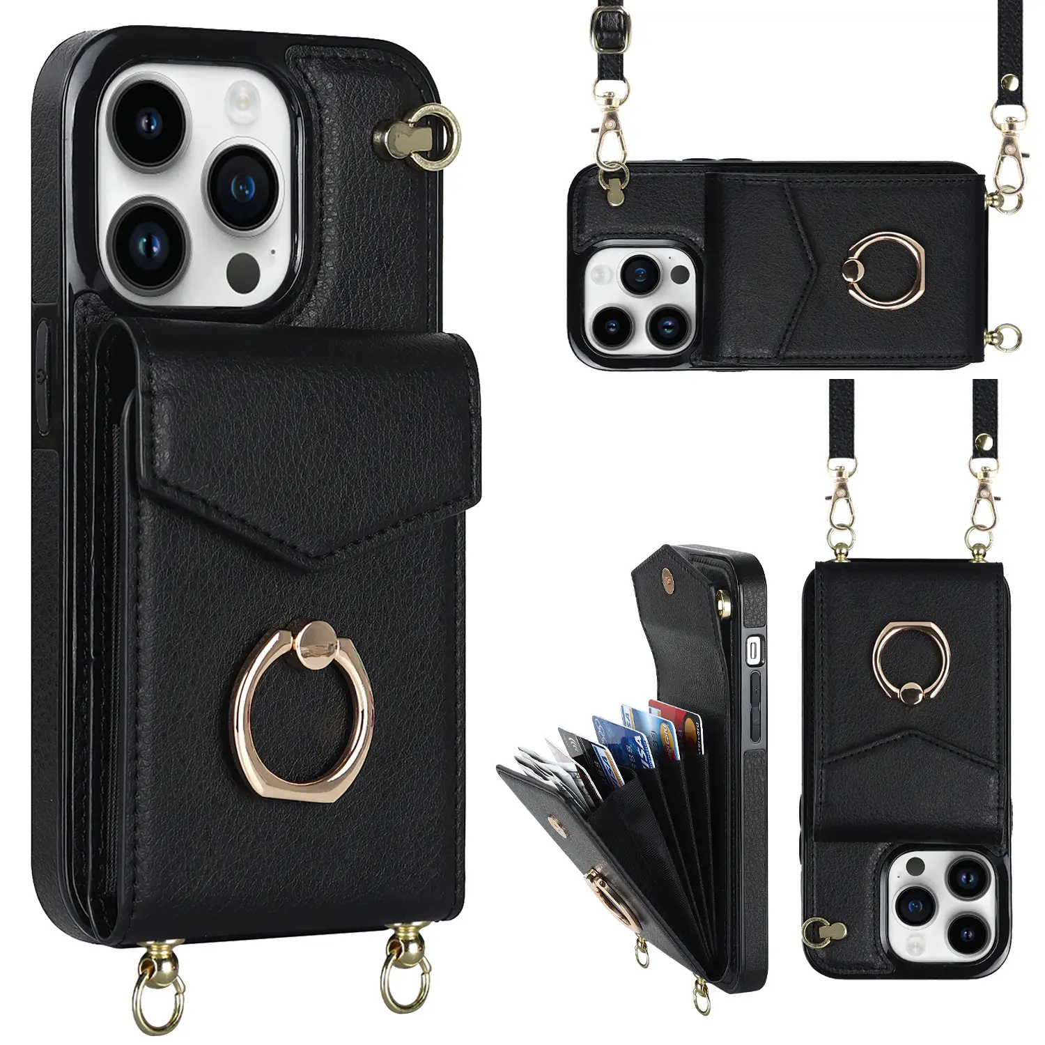 Lanyard Strap pu leather phone case for iPhone 15pro card wallet ring phone stand leather phone case for iPhone 15pro max 14 13