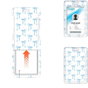 En stock: Porta tarjetas vertical UV de doble cara con clip giratorio de liberación rápida, llavero retráctil de epoxi y diseño de pajarita azul. - Product Image 5