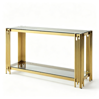 Table de canapé de luxe en métal doré avec double étagère en verre transparent, élégante table console d'appoint pour couloir
