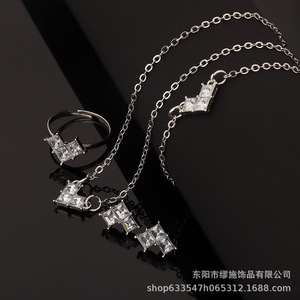 Geometric Jewelry <b>Set</b> 925 <b>Silver</b> Rhodium Plated Black Princess Cut Stones Minimalist Women's Everyday Wear <b>Necklace</b> Earrings - Product Image 4