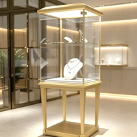 Vitrine à bijoux sur pied carrée haute personnalisée, cadre en or champagne brossé, double étagère en verre, éclairage LED intégré au dessus