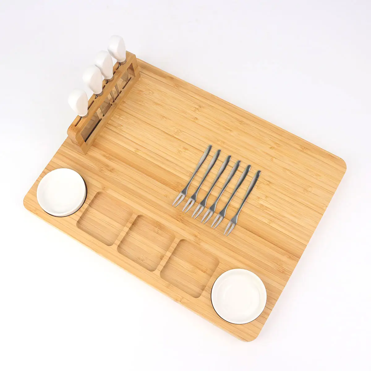 Bamboo Kitchen Cutting Plate Cheese Board With 4 Stainless Steel Knife And Two Ceramic Bowl Home Kitchen Food