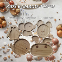 Nouvel ensemble d'assiettes pour enfants et bébés en bambou écologique personnalisable, avec ventouse, motif dessin animé gravé, diamètre 6,5 pouces, vente en gros